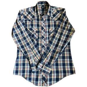 70s Blue Yellow Plaid Pearl Snap Vintage Western Shirt 38 Cowboy